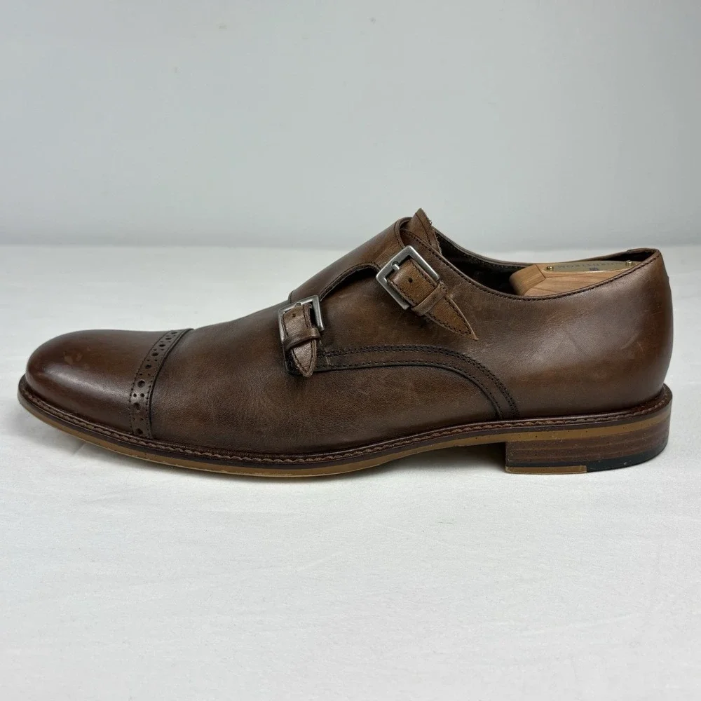 Joseph Abboud Glenn Double Monk Strap 11.5M Brown Leather Brogue Cap Toe Oxfords